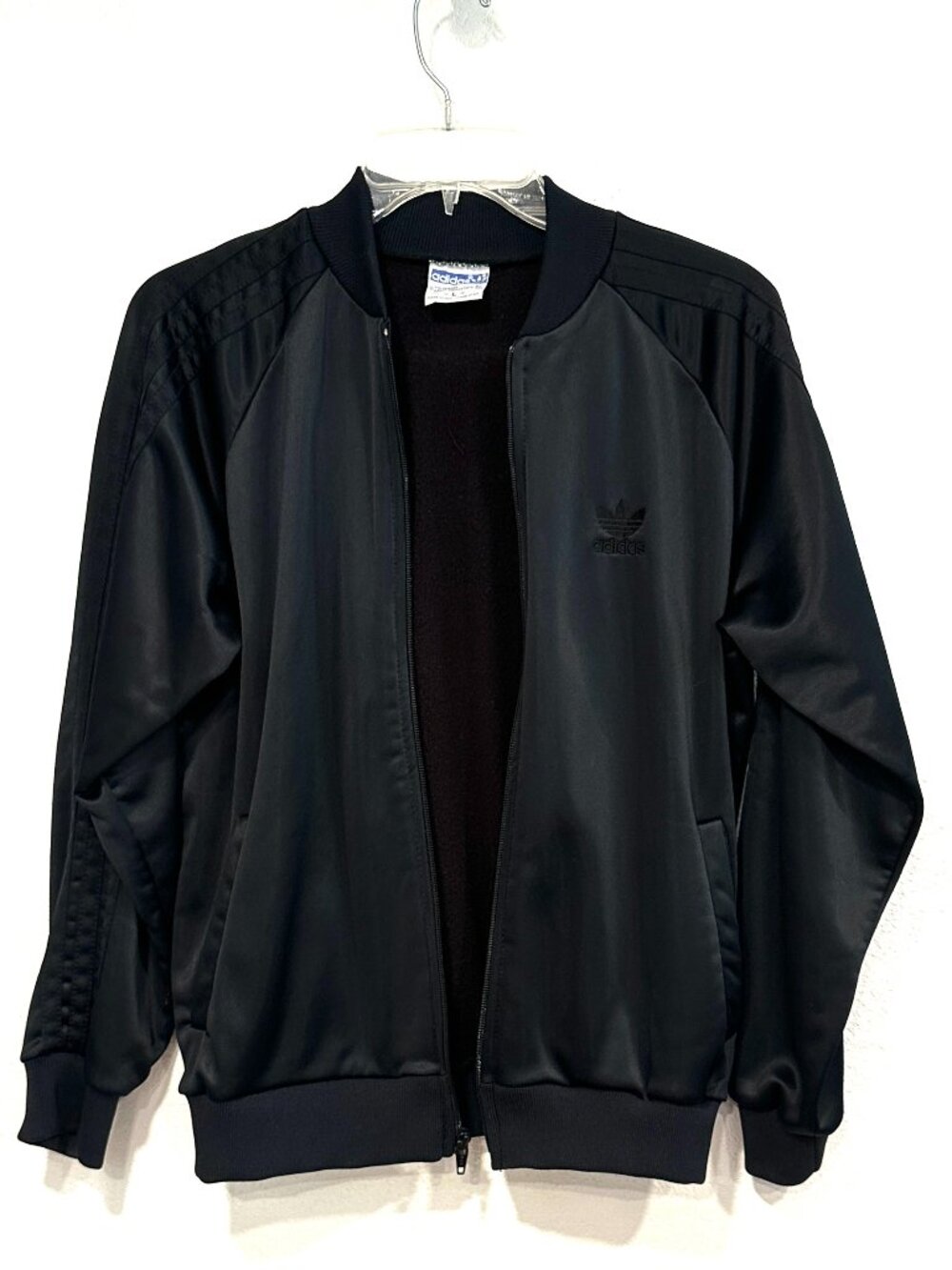 Vintage 80s Adidas Track Jacket Black Trefoil Made in USA Fleece Lined Mens Sz L